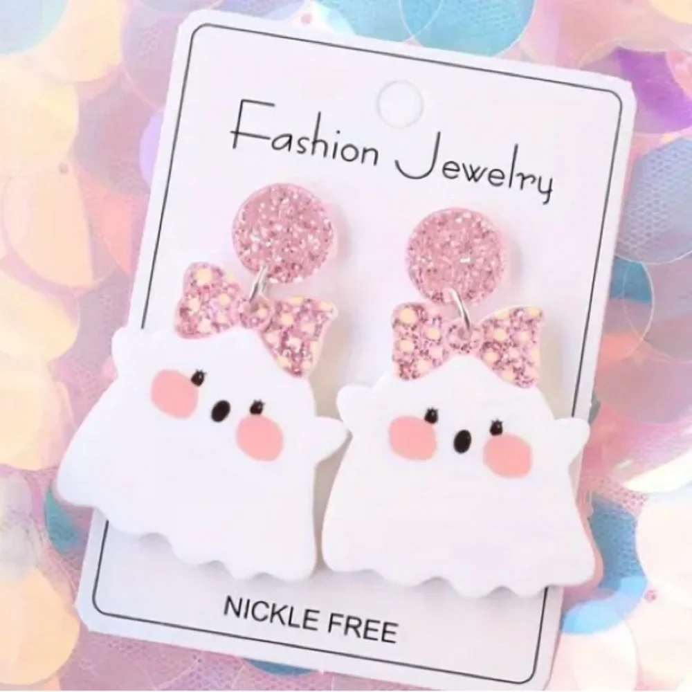 Cute Ghost Earrings with Pink Glitter Bows